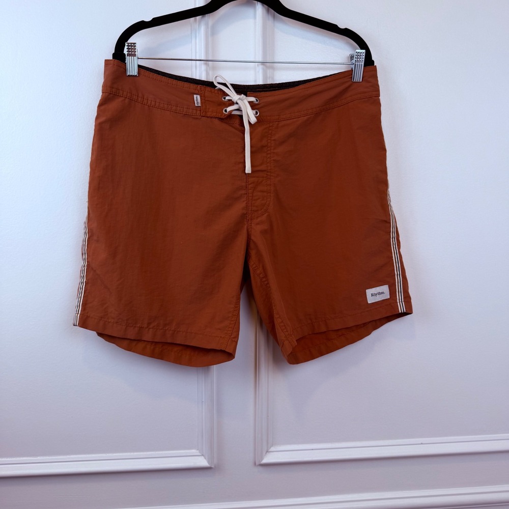 Rhythm Mens Board Shorts Rust Orange Striped Swim Trunks Size 34